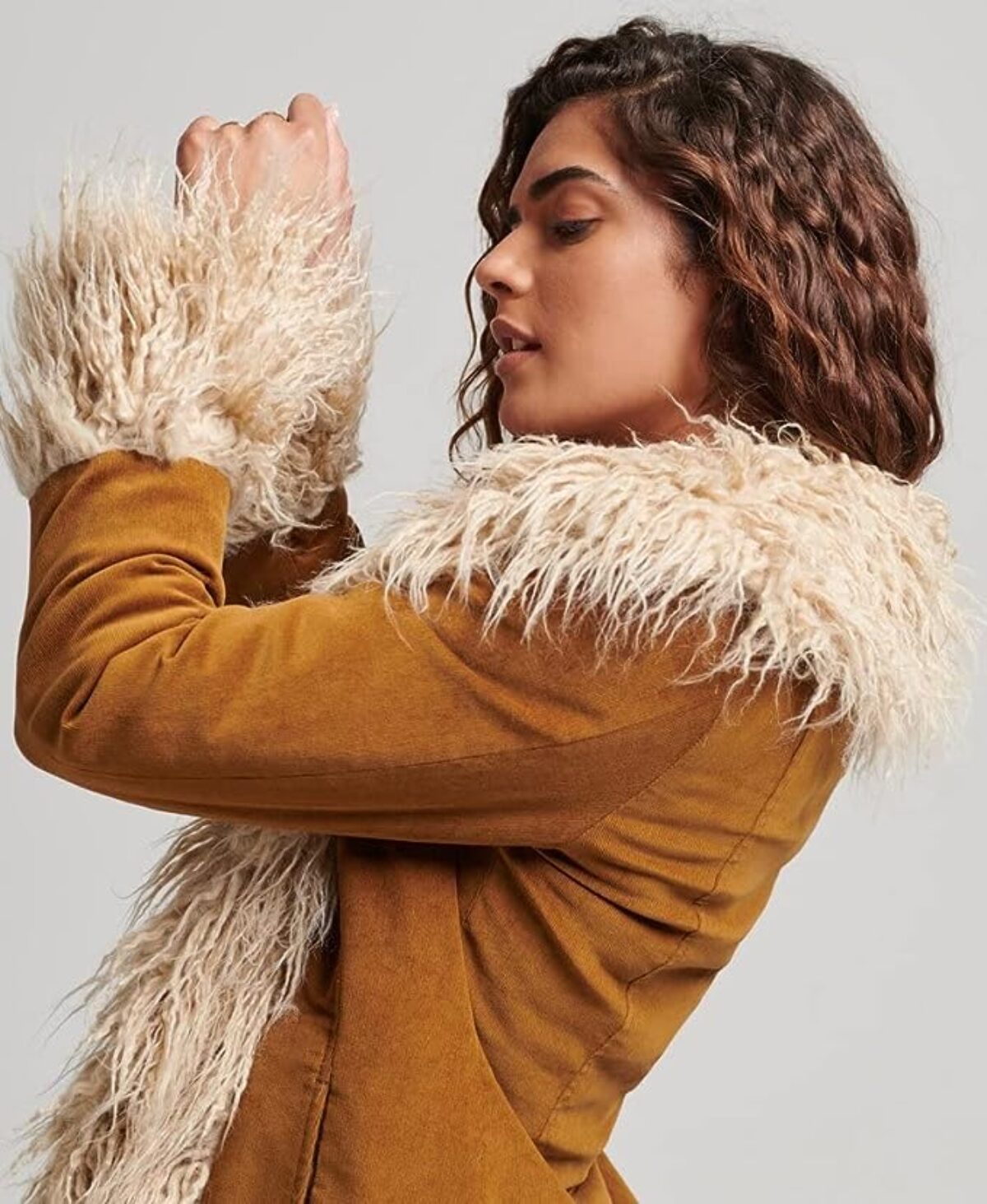 Women's Mid Length Faux Fur Coat in Biscuit Cream Afghan Fur